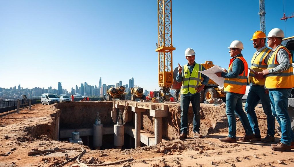 A bustling construction site in Sydney's Eastern Suburbs, featuring workers wearing safety helmets and high-visibility vests engaged in underpinning activities. In the foreground, a team of two professionals examines architectural plans while standing next to a deep excavation site, showcasing robust concrete supports being installed. The middle ground reveals machinery, such as hydraulic jacks and concrete mixers, operational and actively reinforcing the foundation. The background highlights Sydney's skyline, subtly showcasing iconic landmarks like the Sydney Opera House under a clear blue sky. Soft, natural lighting bathes the scene, adding warmth and clarity, while a slight angle from the ground provides a dynamic perspective on the building process, emphasizing safety and compliance in foundation repairs. The overall mood is industrious yet organized, reflecting professionalism and expertise in construction. A bustling construction site in Sydney's Eastern Suburbs, featuring workers wearing safety helmets and high-visibility vests engaged in underpinning activities. In the foreground, a team of two professionals examines architectural plans while standing next to a deep excavation site, showcasing robust concrete supports being installed. The middle ground reveals machinery, such as hydraulic jacks and concrete mixers, operational and actively reinforcing the foundation. The background highlights Sydney's skyline, subtly showcasing iconic landmarks like the Sydney Opera House under a clear blue sky. Soft, natural lighting bathes the scene, adding warmth and clarity, while a slight angle from the ground provides a dynamic perspective on the building process, emphasizing safety and compliance in foundation repairs. The overall mood is industrious yet organized, reflecting professionalism and expertise in construction.
