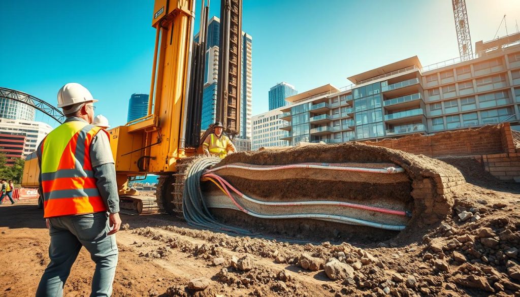 A bustling urban construction site in Sydney, illustrating ground stabilization through grout injection. In the foreground, a professional contractor in a hard hat and safety vest inspects a large drilling rig, demonstrating the grout injection process. The middle layer showcases a partially excavated area, displaying soil and rock layers with grout being injected into the ground through hoses. In the background, iconic Sydney buildings shimmer under the bright sunlight, with blue skies enhancing the scene's vibrancy. The atmosphere conveys a sense of reliability and innovation in engineering. The image should be shot from a low angle to emphasize the scale of the construction equipment, with a wide-angle lens capturing the dynamic activity of the site while maintaining focus on the grout injection technique. A bustling urban construction site in Sydney, illustrating ground stabilization through grout injection. In the foreground, a professional contractor in a hard hat and safety vest inspects a large drilling rig, demonstrating the grout injection process. The middle layer showcases a partially excavated area, displaying soil and rock layers with grout being injected into the ground through hoses. In the background, iconic Sydney buildings shimmer under the bright sunlight, with blue skies enhancing the scene's vibrancy. The atmosphere conveys a sense of reliability and innovation in engineering. The image should be shot from a low angle to emphasize the scale of the construction equipment, with a wide-angle lens capturing the dynamic activity of the site while maintaining focus on the grout injection technique.