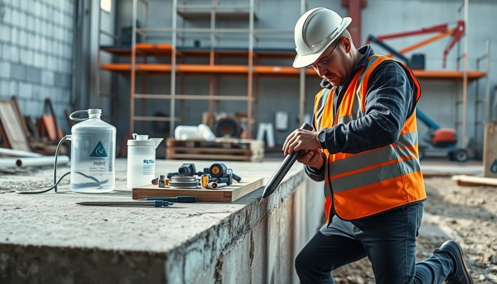 A clean, detailed depiction of a resin injection solution being applied to a concrete foundation. In the foreground, a professional contractor in a hard hat and safety vest is injecting the resin through a nozzle into the cracks of a concrete slab, demonstrating precision and expertise. In the middle ground, various tools related to the process—such as a mixing container and measuring equipment—are neatly arranged on a workbench. The background features a construction site with scaffolding and machinery, illuminated by soft, natural light to create a clear and inviting atmosphere. The focus is sharp on the contractor and the resin application process, emphasizing safety and professionalism within the underpinning solution context. A clean, detailed depiction of a resin injection solution being applied to a concrete foundation. In the foreground, a professional contractor in a hard hat and safety vest is injecting the resin through a nozzle into the cracks of a concrete slab, demonstrating precision and expertise. In the middle ground, various tools related to the process—such as a mixing container and measuring equipment—are neatly arranged on a workbench. The background features a construction site with scaffolding and machinery, illuminated by soft, natural light to create a clear and inviting atmosphere. The focus is sharp on the contractor and the resin application process, emphasizing safety and professionalism within the underpinning solution context.