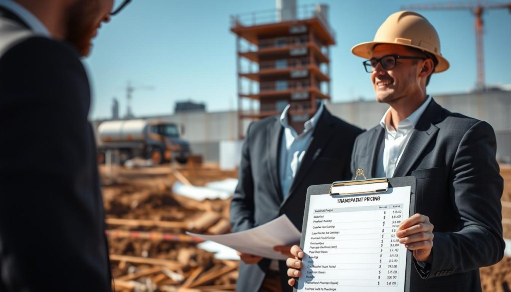 A clear and insightful representation of transparent pricing for foundation repairs, showcasing a detailed breakdown of costs. In the foreground, a sleek clipboard displays a neatly organized price list with categories like materials, labor, and project duration, strategically lit to emphasize its importance. The middle ground features a smiling, professional estimator wearing a well-fitted business suit, engaged in conversation with a customer, pointing to the clipboard while explaining the details. The background consists of a modern construction site in Sydney, with blueprints, foundation work underway, and a clear blue sky, conveying progress and optimism. The lighting is bright and inviting, creating a trustworthy and approachable atmosphere, with a slight depth of field to focus attention on the interaction and pricing details. A clear and insightful representation of transparent pricing for foundation repairs, showcasing a detailed breakdown of costs. In the foreground, a sleek clipboard displays a neatly organized price list with categories like materials, labor, and project duration, strategically lit to emphasize its importance. The middle ground features a smiling, professional estimator wearing a well-fitted business suit, engaged in conversation with a customer, pointing to the clipboard while explaining the details. The background consists of a modern construction site in Sydney, with blueprints, foundation work underway, and a clear blue sky, conveying progress and optimism. The lighting is bright and inviting, creating a trustworthy and approachable atmosphere, with a slight depth of field to focus attention on the interaction and pricing details.