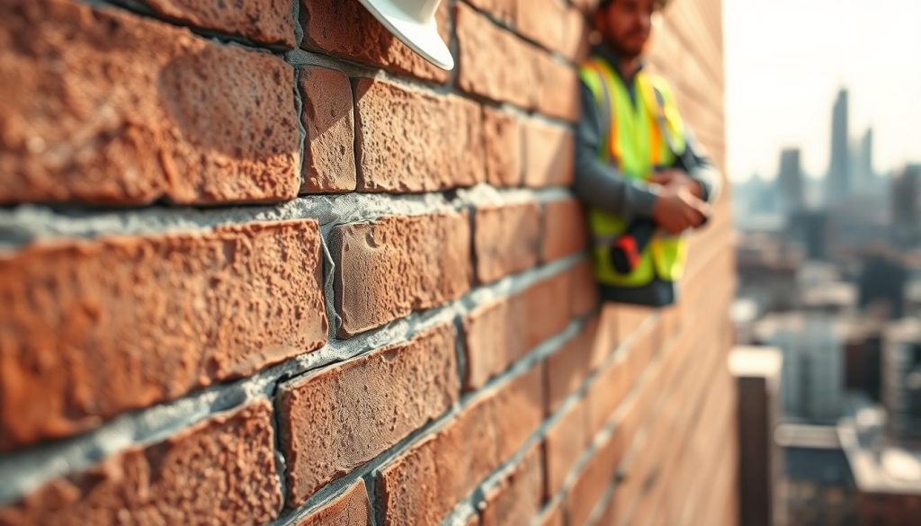 A close-up image showcasing the process of crack stitching in a brick wall. In the foreground, a professional contractor, wearing a safety helmet and a reflective vest, meticulously applies metallic stitching bars into a crack. Tools like a drill and adhesive are visibly placed nearby. The middle ground features a section of a textured brick wall with several noticeable cracks, highlighting the stitching application. Soft, natural lighting creates a warm atmosphere, while the focus is sharp on the contractor's hands at work. In the background, blurred outlines of a cityscape can be seen, lending a sense of context and expertise. The overall mood should inspire confidence and professionalism in masonry repairs. A close-up image showcasing the process of crack stitching in a brick wall. In the foreground, a professional contractor, wearing a safety helmet and a reflective vest, meticulously applies metallic stitching bars into a crack. Tools like a drill and adhesive are visibly placed nearby. The middle ground features a section of a textured brick wall with several noticeable cracks, highlighting the stitching application. Soft, natural lighting creates a warm atmosphere, while the focus is sharp on the contractor's hands at work. In the background, blurred outlines of a cityscape can be seen, lending a sense of context and expertise. The overall mood should inspire confidence and professionalism in masonry repairs.