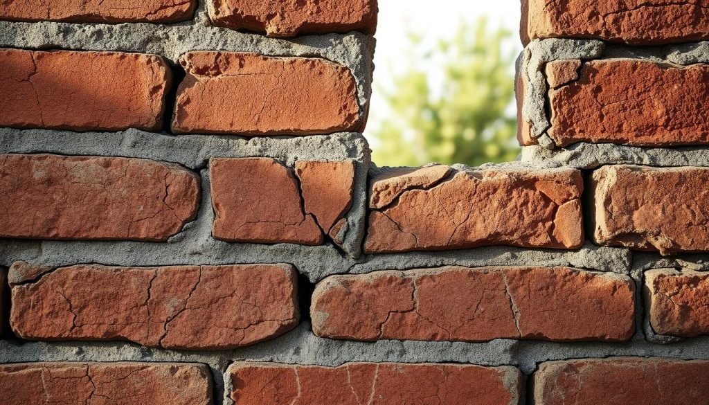 A close-up of a weathered brick wall with visible, intricate cracks showcasing varying depths and widths, emphasizing the need for stitching. The foreground highlights the texture of the cracked mortar and bricks, displaying earthy tones of red, brown, and gray, enriched by subtle shadows. In the middle ground, soft natural light filters from the left, creating a stark contrast between the light and dark areas, enhancing the three-dimensional quality of the wall. The background features a blurred hint of greenery, indicating the resilience of nature against the man-made structure, while maintaining a professional atmosphere. The composition evokes a sense of urgency and importance, highlighting the risks associated with structural damage without any distractions or human elements. A close-up of a weathered brick wall with visible, intricate cracks showcasing varying depths and widths, emphasizing the need for stitching. The foreground highlights the texture of the cracked mortar and bricks, displaying earthy tones of red, brown, and gray, enriched by subtle shadows. In the middle ground, soft natural light filters from the left, creating a stark contrast between the light and dark areas, enhancing the three-dimensional quality of the wall. The background features a blurred hint of greenery, indicating the resilience of nature against the man-made structure, while maintaining a professional atmosphere. The composition evokes a sense of urgency and importance, highlighting the risks associated with structural damage without any distractions or human elements.