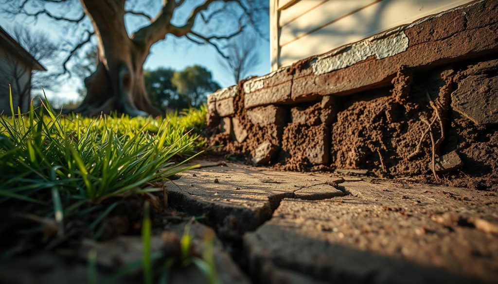 A close-up view of a deteriorating foundation on a Sydney home, focusing on the cracked and uneven ground. In the foreground, show dense patches of grass and soil where the earth has shifted, highlighting signs of subsidence. In the middle ground, include a section of the foundation with visible fissures and peeling paint, showcasing the effects of moisture and age. The background features a tree with roots exposed, indicating potential damage to the foundation from nearby vegetation. The scene is illuminated by warm, natural sunlight casting gentle shadows, creating an atmosphere of urgency and concern. Use a low-angle perspective to emphasize the foundation’s flaws while capturing a clear blue sky above, symbolizing hope for restoration. A close-up view of a deteriorating foundation on a Sydney home, focusing on the cracked and uneven ground. In the foreground, show dense patches of grass and soil where the earth has shifted, highlighting signs of subsidence. In the middle ground, include a section of the foundation with visible fissures and peeling paint, showcasing the effects of moisture and age. The background features a tree with roots exposed, indicating potential damage to the foundation from nearby vegetation. The scene is illuminated by warm, natural sunlight casting gentle shadows, creating an atmosphere of urgency and concern. Use a low-angle perspective to emphasize the foundation’s flaws while capturing a clear blue sky above, symbolizing hope for restoration.