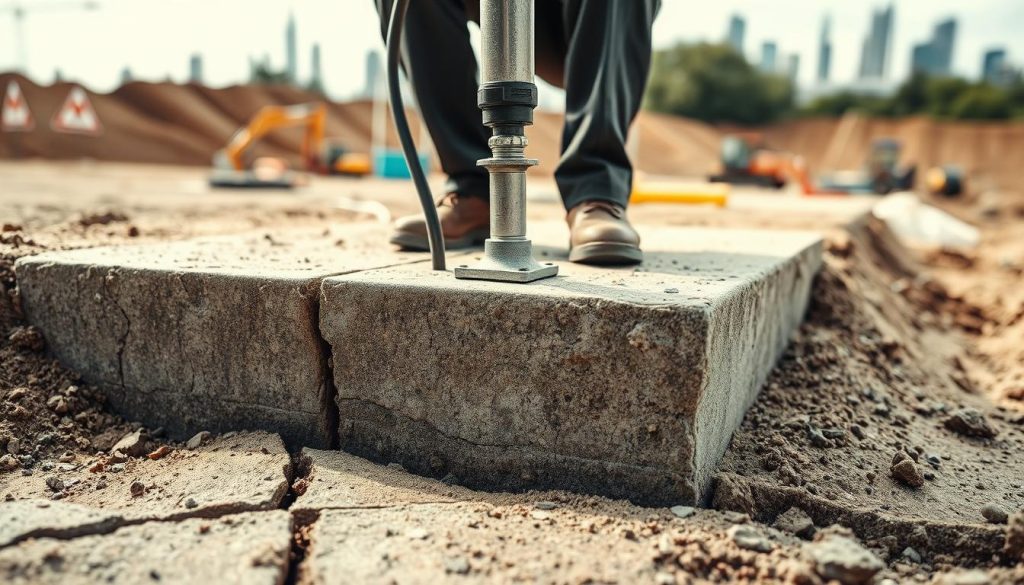 A close-up view of a foundation undergoing resin injection underpinning, showcasing the precise application of a resin material being injected into a cracked concrete base. In the foreground, focus on the sturdy foundation with visible cracks and the resin injection device, featuring a technician in professional business attire, carefully monitoring the process. The middle ground highlights the surrounding excavation site, with tools and equipment neatly arranged, reflecting a neat work environment. The background consists of Sydney’s skyline, hinting at the urban setting. Soft, natural lighting creates an informative yet serious atmosphere, emphasizing the importance of foundation repair while conveying a sense of professionalism. Use a shallow depth of field to keep attention on the resin injection process.