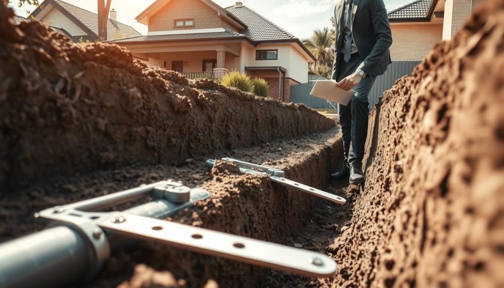 A close-up view of a professional foundation repair expert in business attire, examining a deep trench filled with futuristic foundation solutions, showing high-tech materials like steel reinforcements and eco-friendly composites. The foreground features precise tools and engineered components for foundation support. In the middle, the expert is focused, examining soil layers with a clipboard, showcasing their detailed analysis of soil conditions. The background is a residential area in Sydney, with characteristic Australian architecture, under natural daylight illuminating the scene. The mood is one of professionalism and expertise, conveying trust and reliability in foundation repair solutions. The image captures the intricate balance between innovative technology and practical application in foundation solutions.