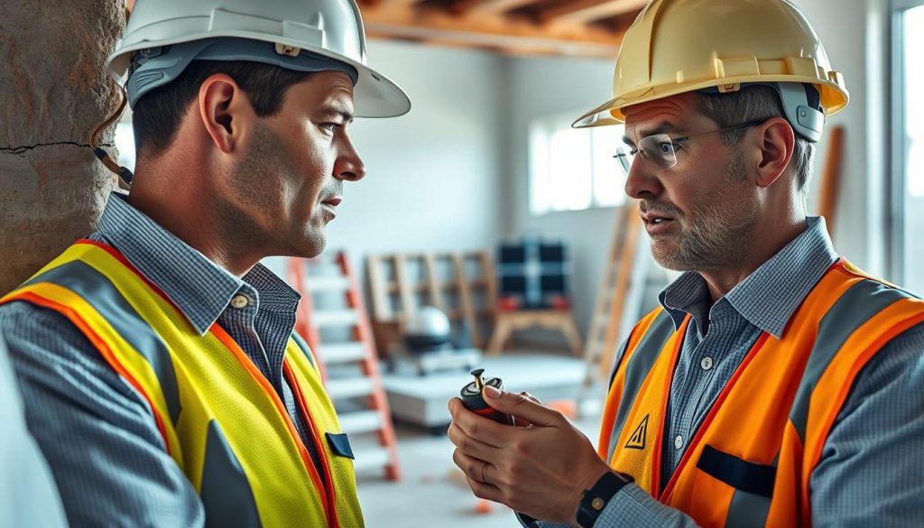 A close-up view of a professional structural engineer examining a wall crack in a residential building, showcasing intricate details of the crack's texture and surrounding structure. The engineer, wearing a hard hat and a safety vest over a collared shirt, is using a measuring tool, highlighting expertise and meticulousness. In the background, a well-lit construction site features safety equipment and materials, creating a sense of active work. Soft, natural lighting illuminates the scene, casting gentle shadows to enhance depth. The overall atmosphere is one of professionalism and confidence, emphasizing the importance of structural preservation and expert intervention in underpinning services. A close-up view of a professional structural engineer examining a wall crack in a residential building, showcasing intricate details of the crack's texture and surrounding structure. The engineer, wearing a hard hat and a safety vest over a collared shirt, is using a measuring tool, highlighting expertise and meticulousness. In the background, a well-lit construction site features safety equipment and materials, creating a sense of active work. Soft, natural lighting illuminates the scene, casting gentle shadows to enhance depth. The overall atmosphere is one of professionalism and confidence, emphasizing the importance of structural preservation and expert intervention in underpinning services.