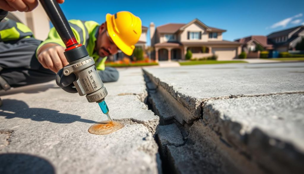 A close-up view of a resin injection process happening on a residential foundation, showcasing a professional technician in a hard hat and safety gear, meticulously injecting colorful resin into cracks in concrete slab. In the foreground, focus on the precision equipment, including a resin injector and tubes, with drips of resin glistening. In the middle ground, a partially repaired foundation with clearly visible cracks is highlighted, while the background presents a suburban Sydney landscape with well-maintained houses and clear blue skies. The image has natural daylight illuminating the scene, creating a clean and efficient atmosphere. The angle captures the intricate details of the resin interaction, emphasizing safety and professionalism. A close-up view of a resin injection process happening on a residential foundation, showcasing a professional technician in a hard hat and safety gear, meticulously injecting colorful resin into cracks in concrete slab. In the foreground, focus on the precision equipment, including a resin injector and tubes, with drips of resin glistening. In the middle ground, a partially repaired foundation with clearly visible cracks is highlighted, while the background presents a suburban Sydney landscape with well-maintained houses and clear blue skies. The image has natural daylight illuminating the scene, creating a clean and efficient atmosphere. The angle captures the intricate details of the resin interaction, emphasizing safety and professionalism.