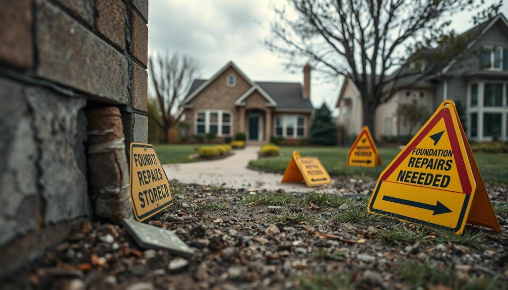 A close-up view of a series of signs indicating potential foundation issues around a home. In the foreground, display a cracked wall with peeling paint and a slight tilt, symbolizing subsidence. Scattered on the ground, show warning signs like a "Foundation Repairs Needed" sign and arrows pointing to problematic areas. In the middle, depict a well-kept suburban home with a well-maintained garden, creating contrast with the signs of distress. The background should have subtle, overcast skies to evoke a feeling of concern. Use soft, diffused lighting to add an air of seriousness to the scene, emphasizing the urgency of foundation repairs. The overall mood should be one of caution and awareness, steering clear of any chaotic elements. A close-up view of a series of signs indicating potential foundation issues around a home. In the foreground, display a cracked wall with peeling paint and a slight tilt, symbolizing subsidence. Scattered on the ground, show warning signs like a "Foundation Repairs Needed" sign and arrows pointing to problematic areas. In the middle, depict a well-kept suburban home with a well-maintained garden, creating contrast with the signs of distress. The background should have subtle, overcast skies to evoke a feeling of concern. Use soft, diffused lighting to add an air of seriousness to the scene, emphasizing the urgency of foundation repairs. The overall mood should be one of caution and awareness, steering clear of any chaotic elements.