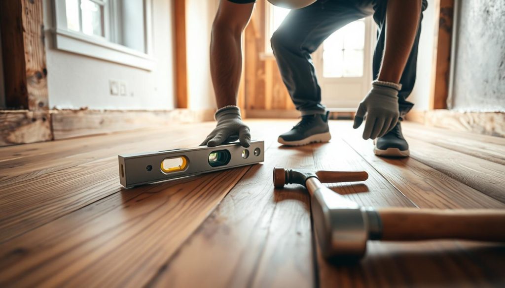 A close-up view of a skilled contractor inspecting a sinking wooden floor, showcasing repair tools like a spirit level and a hammer on the floor. In the background, partially restored floor joists and beams give a sense of ongoing structural work. Soft, natural lighting filters through a nearby window, casting gentle shadows that highlight the textures of wood and tools. The contractor, wearing a hard hat and work gloves, focuses intently on measuring, embodying a professional demeanor. The overall atmosphere is one of diligence and expertise, evoking a sense of trust in the successful restoration process. A rich wooden grain in the foreground contrasts with the crisp lines of the tools, creating a harmonious balance of functionality and aesthetics. A close-up view of a skilled contractor inspecting a sinking wooden floor, showcasing repair tools like a spirit level and a hammer on the floor. In the background, partially restored floor joists and beams give a sense of ongoing structural work. Soft, natural lighting filters through a nearby window, casting gentle shadows that highlight the textures of wood and tools. The contractor, wearing a hard hat and work gloves, focuses intently on measuring, embodying a professional demeanor. The overall atmosphere is one of diligence and expertise, evoking a sense of trust in the successful restoration process. A rich wooden grain in the foreground contrasts with the crisp lines of the tools, creating a harmonious balance of functionality and aesthetics.