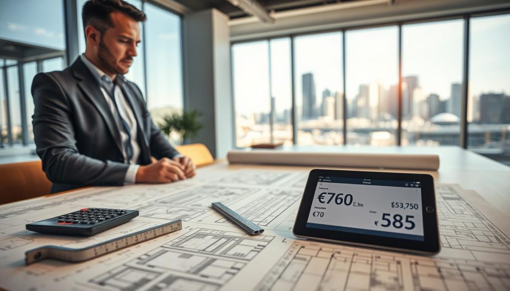 A close-up view of an engineering workspace, featuring a detailed drafting table with blueprints and structural plans scattered across it. In the foreground, a professional structural engineer, dressed in business attire, confidently analyzes the documents. In the middle ground, tools such as a calculator, a scale ruler, and a tablet displaying cost estimations are strategically placed. In the background, a large window lets in natural light, illuminating a city skyline of Sydney, adding context to the location. The atmosphere is focused yet collaborative, with warm lighting that enhances the professionalism of the scene. The lens is set to a slightly blurred depth of field, drawing attention to the engineer and the plans, creating an inviting and informative ambiance.