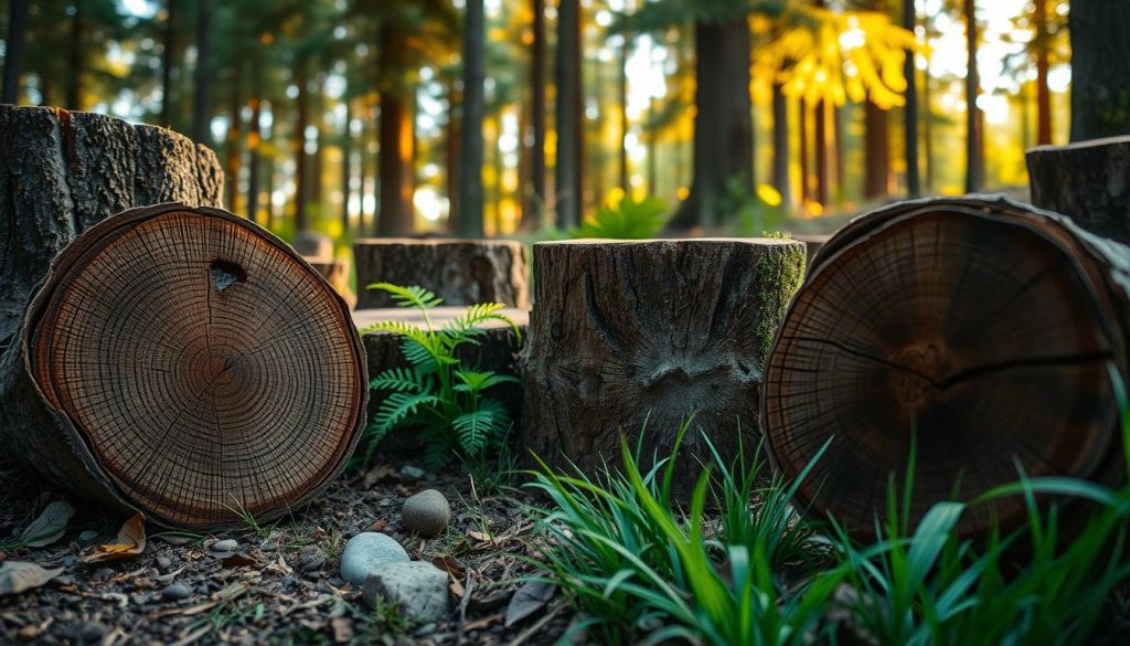 A close-up view of cut tree stumps arranged in a natural outdoor setting, showcasing the textures of the wood and the intricate patterns on the surfaces, with one stump displaying a sizable ring indicating age. The foreground includes a few scattered leaves and small rocks, while the middle ground features a variety of grassy plants and ferns gently swaying in a soft breeze. The background reveals a blurred forest scene with tall trees, partly illuminated by warm, golden sunlight filtering through the leaves, creating a calm and inviting atmosphere. The angle captures the stumps from a slightly elevated perspective, drawing attention to their details while encompassing the serene environment, evoking a sense of nature's beauty and stability.