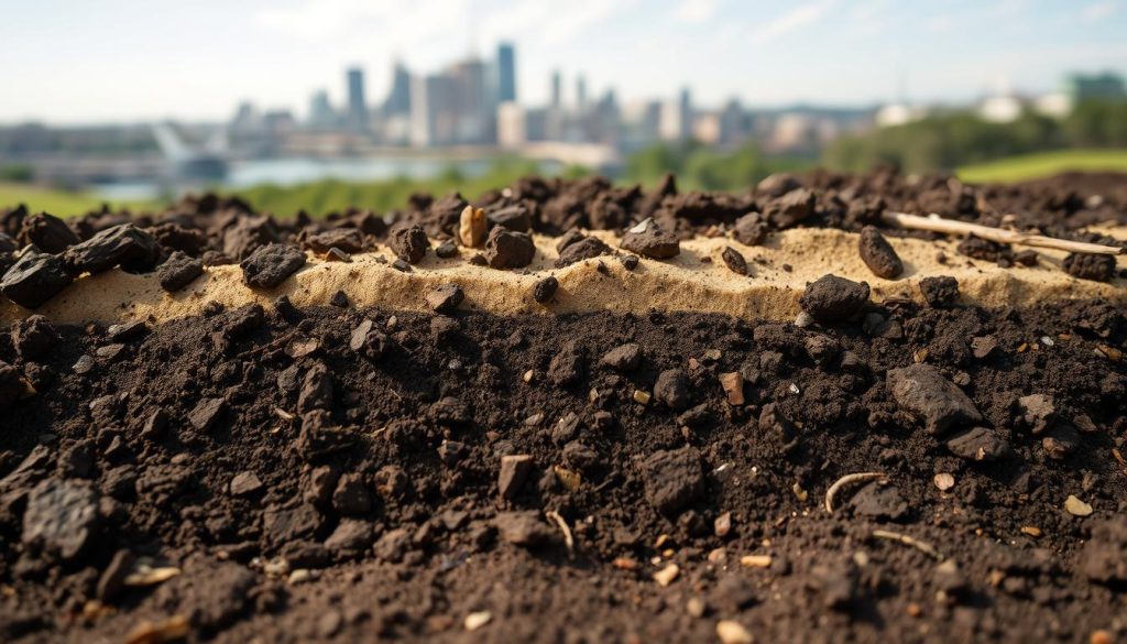 A close-up view of rich, dark soil layered with various textures, showcasing clumps of clay, sands, and organic matter. In the foreground, a cross-section reveals moisture content, small roots, and soil microbes, emphasizing soil health. The middle ground features a subtle gradient of soil types transitioning from sandy to clay-rich areas, with tiny rocks and organic debris scattered throughout. In the background, a blurred landscape of urban Sydney with faint silhouettes of buildings and trees, hinting at environmental influences. Natural, soft, diffused lighting creates a warm and inviting atmosphere, emphasizing the intricate details of the soil. Capture this scene from a low angle, aiming to highlight the depth and complexity of the soil layers. A close-up view of rich, dark soil layered with various textures, showcasing clumps of clay, sands, and organic matter. In the foreground, a cross-section reveals moisture content, small roots, and soil microbes, emphasizing soil health. The middle ground features a subtle gradient of soil types transitioning from sandy to clay-rich areas, with tiny rocks and organic debris scattered throughout. In the background, a blurred landscape of urban Sydney with faint silhouettes of buildings and trees, hinting at environmental influences. Natural, soft, diffused lighting creates a warm and inviting atmosphere, emphasizing the intricate details of the soil. Capture this scene from a low angle, aiming to highlight the depth and complexity of the soil layers.