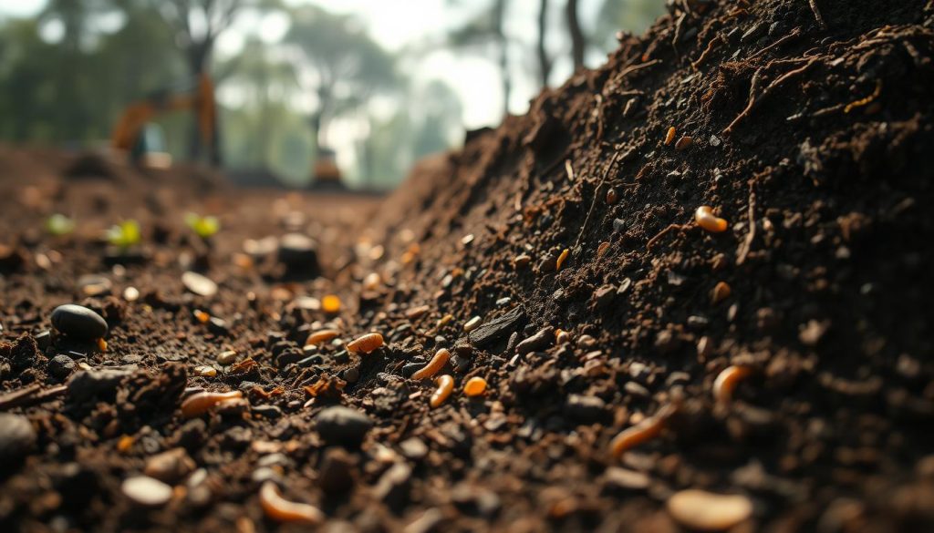 A close-up view of soil showcasing rich, dark brown earth, interspersed with tiny pebbles and organic matter, emphasizing its texture and nutrient content. In the foreground, small roots and earthworms can be seen, illustrating the vital ecosystem within the soil. The middle ground features a slight gradient of soil layers, from topsoil to deeper layers, highlighting different shades and compositions. In the background, faint silhouettes of construction equipment can be seen to symbolize the implications of damage to foundations, along with soft natural light filtering through trees, creating a serene yet serious atmosphere. The image should be captured with a macro lens at a shallow depth of field, focusing clear details while softly blurring the background, conveying the importance of soil assessment in structural integrity. A close-up view of soil showcasing rich, dark brown earth, interspersed with tiny pebbles and organic matter, emphasizing its texture and nutrient content. In the foreground, small roots and earthworms can be seen, illustrating the vital ecosystem within the soil. The middle ground features a slight gradient of soil layers, from topsoil to deeper layers, highlighting different shades and compositions. In the background, faint silhouettes of construction equipment can be seen to symbolize the implications of damage to foundations, along with soft natural light filtering through trees, creating a serene yet serious atmosphere. The image should be captured with a macro lens at a shallow depth of field, focusing clear details while softly blurring the background, conveying the importance of soil assessment in structural integrity.