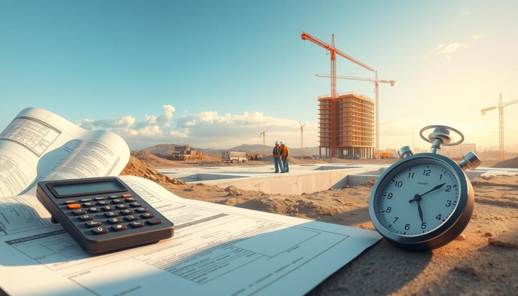 A conceptual illustration depicting timeframes and costs in a structural engineering context, focusing on mass concrete underpinning. In the foreground, a detailed visual of blueprints, a calculator, and a stopwatch representing planning and timing. The middle ground features a construction site with workers in professional, safety attire, assessing a foundation, highlighting teamwork and process. In the background, a partially completed building, cranes, and construction equipment under a clear sky reflecting productivity. Soft, natural light casts gentle shadows, creating a professional atmosphere. The overall mood is one of careful planning and execution, emphasizing organization and efficiency in construction timelines and budgeting. A conceptual illustration depicting timeframes and costs in a structural engineering context, focusing on mass concrete underpinning. In the foreground, a detailed visual of blueprints, a calculator, and a stopwatch representing planning and timing. The middle ground features a construction site with workers in professional, safety attire, assessing a foundation, highlighting teamwork and process. In the background, a partially completed building, cranes, and construction equipment under a clear sky reflecting productivity. Soft, natural light casts gentle shadows, creating a professional atmosphere. The overall mood is one of careful planning and execution, emphasizing organization and efficiency in construction timelines and budgeting.