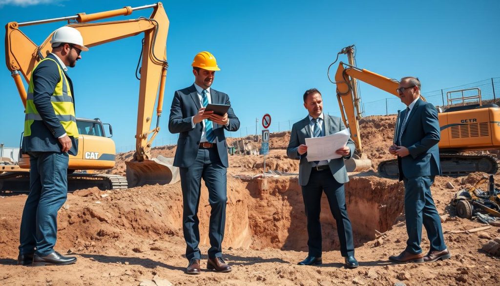 A construction site showcasing a professional process for basement excavation. In the foreground, a team of three engineers in business attire, engaged in a lively discussion—one is holding blueprints, another inspecting soil samples, while the third reviews a tablet. The middle grounds display excavation machinery, such as an excavator and a hydraulic drill, positioned by a partially dug out basement area. The background features a clear blue sky above, with compliance signs prominently displayed, symbolizing adherence to regulatory standards. Soft, natural lighting highlights the effort and teamwork, creating a warm, collaborative atmosphere. The focus is on safety and professionalism in a construction environment, reflecting a meticulous process from assessment to completion.