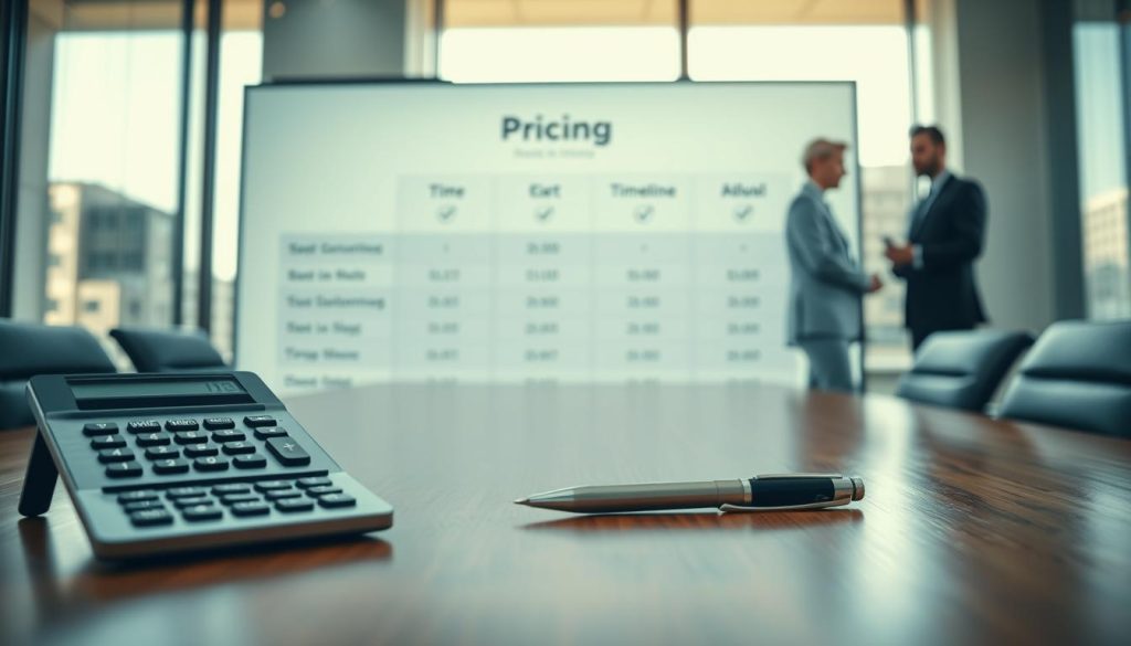 A detailed and modern pricing table displayed on a large, sleek screen in a well-lit conference room, with a focus on metallic textures and crisp lines. In the foreground, a stylized calculator and a pen are placed atop a polished wooden table, suggesting a meticulous approach to budgeting. In the middle, the pricing table shows various tiers with icons representing structural integrity services, highlighting timelines with subtle arrows for clarity. In the background, blurred silhouettes of professionals in business attire engage in discussion, adding to the atmosphere of collaboration and planning. Soft natural light filters through large windows, creating a warm, focused mood, while the lens captures the scene from a slight angle to enhance depth. A detailed and modern pricing table displayed on a large, sleek screen in a well-lit conference room, with a focus on metallic textures and crisp lines. In the foreground, a stylized calculator and a pen are placed atop a polished wooden table, suggesting a meticulous approach to budgeting. In the middle, the pricing table shows various tiers with icons representing structural integrity services, highlighting timelines with subtle arrows for clarity. In the background, blurred silhouettes of professionals in business attire engage in discussion, adding to the atmosphere of collaboration and planning. Soft natural light filters through large windows, creating a warm, focused mood, while the lens captures the scene from a slight angle to enhance depth.