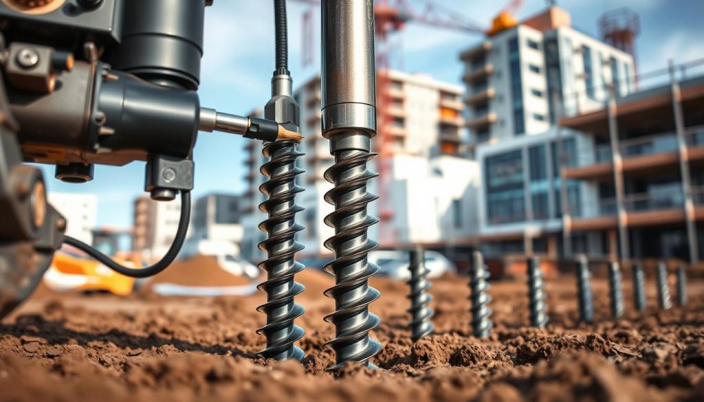 A detailed, close-up view of a resin injection screw pile being installed in a construction site environment. In the foreground, show the resin injection machinery with a focus on the nozzle injecting resin into the drilled hole of a screw pile, demonstrating the connection between the two. The middle ground features steel screw piles partially embedded in soil, with their spiral shape clearly visible, indicating their deep foundation support. The background showcases a construction site in Sydney, with a clear blue sky, modern buildings, and scaffolding. Soft, natural lighting highlights the details of the machinery and structures, evoking a sense of innovation and reliability in foundation repair techniques. The overall atmosphere is professional and industrious, capturing the essence of modern engineering practices. A detailed, close-up view of a resin injection screw pile being installed in a construction site environment. In the foreground, show the resin injection machinery with a focus on the nozzle injecting resin into the drilled hole of a screw pile, demonstrating the connection between the two. The middle ground features steel screw piles partially embedded in soil, with their spiral shape clearly visible, indicating their deep foundation support. The background showcases a construction site in Sydney, with a clear blue sky, modern buildings, and scaffolding. Soft, natural lighting highlights the details of the machinery and structures, evoking a sense of innovation and reliability in foundation repair techniques. The overall atmosphere is professional and industrious, capturing the essence of modern engineering practices.