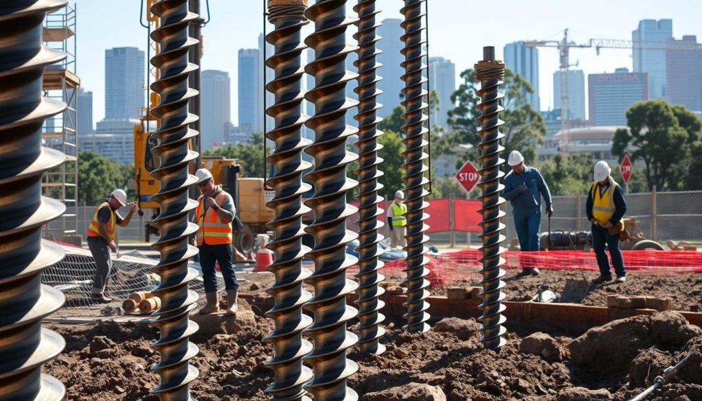 A detailed construction site featuring screw pile foundations. In the foreground, several large, metallic screw piles are being installed into the ground by workers in professional work attire, examining their tools and equipment. The middle ground shows the installation machinery, with hydraulic drills and safety barriers in place. The background includes an urban skyline of Sydney, partially obscured by construction scaffolding and trees, indicating an active building project. The lighting is bright, suggesting a clear, sunny day, enhancing the industrial mood. The image is captured from a low angle to emphasize the towering pile foundations against the cityscape, showcasing their importance in foundation solutions. The overall atmosphere conveys the precision and expertise involved in screw piling.