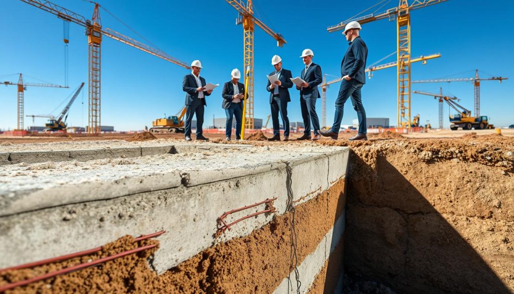 A detailed construction site showing a team of engineers and construction workers in professional attire inspecting building foundations. In the foreground, focus on a section of exposed foundation with concrete pilings, rebar, and soil layers, highlighting the structural integrity. The middle ground features workers measuring and discussing safety protocols, with blueprints and documentation materials. In the background, a clear blue sky complements the scene, while cranes and construction equipment subtly indicate ongoing work. The lighting emphasizes the bright day with shadows cast by the structures, creating a professional and industrious atmosphere. The angle should capture an overhead perspective, giving a comprehensive view of the foundation and the compliance measures taken by the team. A detailed construction site showing a team of engineers and construction workers in professional attire inspecting building foundations. In the foreground, focus on a section of exposed foundation with concrete pilings, rebar, and soil layers, highlighting the structural integrity. The middle ground features workers measuring and discussing safety protocols, with blueprints and documentation materials. In the background, a clear blue sky complements the scene, while cranes and construction equipment subtly indicate ongoing work. The lighting emphasizes the bright day with shadows cast by the structures, creating a professional and industrious atmosphere. The angle should capture an overhead perspective, giving a comprehensive view of the foundation and the compliance measures taken by the team.