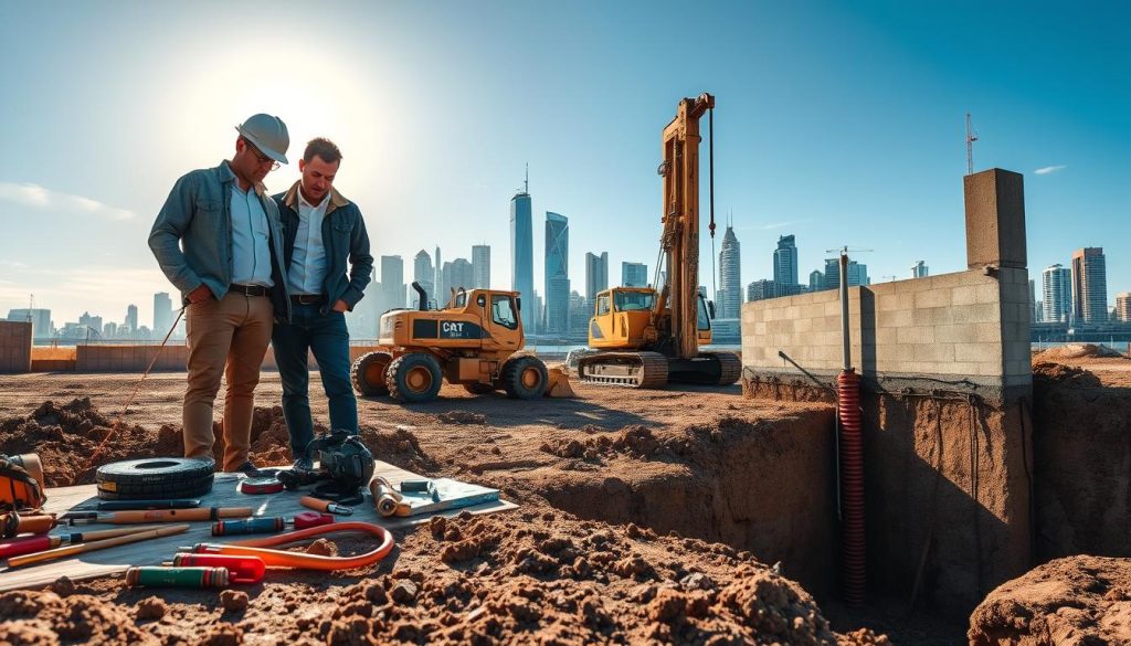 A detailed illustration of advanced foundation repair techniques, showcasing a construction site in Sydney. In the foreground, a team of two professionals in smart casual clothing examines soil samples, with a variety of tools like soil probes and measuring devices spread out on a table. In the middle ground, large machinery, such as hydraulic jacks and drilling equipment, is actively engaged in foundational work, alongside a partially exposed foundation wall. The background features Sydney's skyline with a clear blue sky, creating a striking contrast with the construction scene. Soft, natural lighting illuminates the site, enhancing the mood of innovation and professionalism. The angle captures a dynamic perspective, making the viewer feel immersed in the technical processes at play, reflecting a commitment to quality structural solutions tailored to specific soil types. A detailed illustration of advanced foundation repair techniques, showcasing a construction site in Sydney. In the foreground, a team of two professionals in smart casual clothing examines soil samples, with a variety of tools like soil probes and measuring devices spread out on a table. In the middle ground, large machinery, such as hydraulic jacks and drilling equipment, is actively engaged in foundational work, alongside a partially exposed foundation wall. The background features Sydney's skyline with a clear blue sky, creating a striking contrast with the construction scene. Soft, natural lighting illuminates the site, enhancing the mood of innovation and professionalism. The angle captures a dynamic perspective, making the viewer feel immersed in the technical processes at play, reflecting a commitment to quality structural solutions tailored to specific soil types.