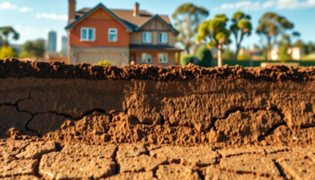 A detailed illustration of clay soil movement in Western Sydney, showcasing a cross-section of the ground layers. In the foreground, depict a close-up of clay soil cracking and shifting, with visible moisture and texture highlights under natural sunlight. The middle ground should feature a soft-focus view of a residential property, showing signs of subsidence such as uneven foundation and slight tilting. In the background, illustrate a skyline of Western Sydney with tree lines and a clear blue sky, suggesting the climate impact. Use warm, natural lighting to create an informative and engaging atmosphere. Capture this scene from a slightly elevated angle, emphasizing the contrast between the stable structures and the shifting earth beneath.