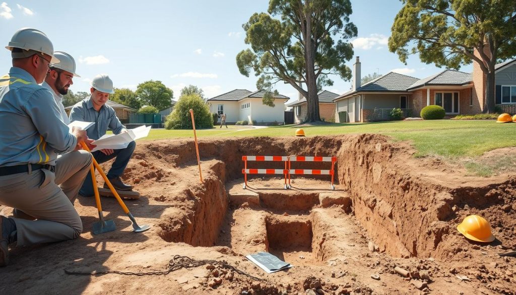 A detailed illustration of the foundation process for underpinning homes in Western Sydney. In the foreground, a professional team of construction workers in modest and compliant attire examines blueprints and discusses strategies on their knees near a dug-out foundation, with tools like shovels and measuring instruments visible. In the middle ground, a partially excavated foundation reveals deepening trenches surrounded by essential safety equipment such as barriers and helmets. The background features a suburban landscape with homes, showcasing a clear sky and flourishing trees, suggesting a peaceful neighborhood atmosphere. Soft, natural sunlight illuminates the scene, enhancing the sense of safety and professionalism, captured from a slightly elevated angle to provide a comprehensive view of the foundation work.