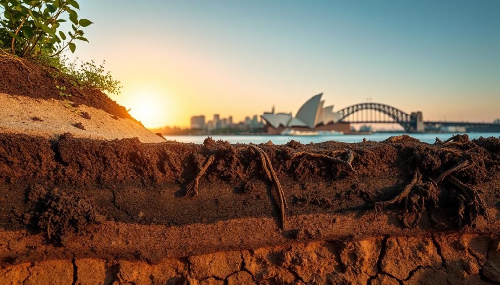 A detailed image of Sydney soil conditions, showcasing layers of compacted earth with varying textures, colors, and moisture levels. In the foreground, a close-up view of rich, dark clay mixed with lighter sandy soil, highlighting cracks and moisture retention. The middle ground features uprooted vegetation and soil erosion patterns indicative of instability. In the background, a skyline of Sydney with a hazy sunset casting warm, golden light, creating shadows on the ground. The atmosphere reflects concern, emphasizing the risks of foundation failure due to poor soil conditions. The composition captures a wide-angle perspective, enhancing the depth of the scene while focusing on the intricate soil layers. No human subjects or text present. A detailed image of Sydney soil conditions, showcasing layers of compacted earth with varying textures, colors, and moisture levels. In the foreground, a close-up view of rich, dark clay mixed with lighter sandy soil, highlighting cracks and moisture retention. The middle ground features uprooted vegetation and soil erosion patterns indicative of instability. In the background, a skyline of Sydney with a hazy sunset casting warm, golden light, creating shadows on the ground. The atmosphere reflects concern, emphasizing the risks of foundation failure due to poor soil conditions. The composition captures a wide-angle perspective, enhancing the depth of the scene while focusing on the intricate soil layers. No human subjects or text present.