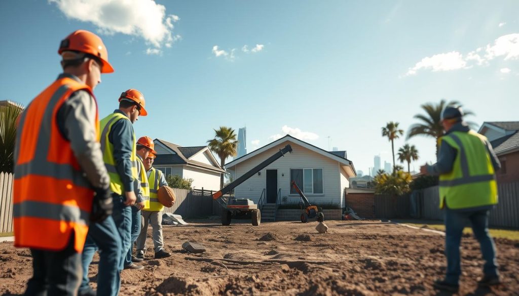 A detailed scene of a house levelling process in a suburban Sydney setting. In the foreground, a professional team dressed in safety gear, including hard hats and reflective vests, inspects a slightly uneven residential home with visible cracks in the foundation. In the middle ground, heavy machinery like jacks and leveling tools is actively being used on the property, demonstrating the process of lifting and stabilizing the house. The background features characteristic Sydney architecture with palm trees and the iconic skyline in soft focus, under a bright blue sky with a few fluffy clouds. The lighting is natural and bright, highlighting the urgency and professionalism of the work being done. The atmosphere conveys a sense of care and precision, reflecting the importance of structural preservation. A detailed scene of a house levelling process in a suburban Sydney setting. In the foreground, a professional team dressed in safety gear, including hard hats and reflective vests, inspects a slightly uneven residential home with visible cracks in the foundation. In the middle ground, heavy machinery like jacks and leveling tools is actively being used on the property, demonstrating the process of lifting and stabilizing the house. The background features characteristic Sydney architecture with palm trees and the iconic skyline in soft focus, under a bright blue sky with a few fluffy clouds. The lighting is natural and bright, highlighting the urgency and professionalism of the work being done. The atmosphere conveys a sense of care and precision, reflecting the importance of structural preservation.