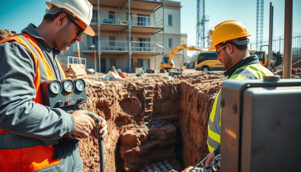 A detailed scene showcasing a resin injection underpinning process at a construction site. In the foreground, a professional construction worker in safety gear and a hard hat is carefully operating a resin injection machine, monitoring gauges with focused concentration. In the middle ground, an excavation reveals the foundation being treated with resin, showcasing the flow and application process clearly. Surrounding this, tools and materials are neatly arranged, indicating a systematic approach. The background features a partially visible building structure, with scaffolding and machinery, bathed in natural daylight to create a bright, industrious atmosphere. The angle captures both the depth of the excavation and the scale of the operation, evoking a sense of professionalism and expertise in underpinning techniques. A detailed scene showcasing a resin injection underpinning process at a construction site. In the foreground, a professional construction worker in safety gear and a hard hat is carefully operating a resin injection machine, monitoring gauges with focused concentration. In the middle ground, an excavation reveals the foundation being treated with resin, showcasing the flow and application process clearly. Surrounding this, tools and materials are neatly arranged, indicating a systematic approach. The background features a partially visible building structure, with scaffolding and machinery, bathed in natural daylight to create a bright, industrious atmosphere. The angle captures both the depth of the excavation and the scale of the operation, evoking a sense of professionalism and expertise in underpinning techniques.