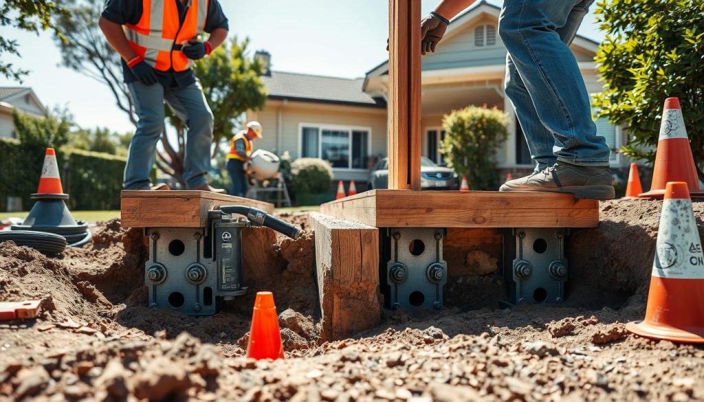 A detailed scene showcasing foundation repair support, featuring a close-up view of sturdy steel underpinning brackets and wooden timber supports being skillfully installed beneath the foundation of a suburban house. In the foreground, skilled professionals dressed in branded safety gear conduct the work with precision and focus. The middle ground includes construction tools like hydraulic jacks, concrete mixers, and safety cones, arranged methodically around the site. In the background, the exterior of a traditional Australian home stands, surrounded by lush greenery, under a bright, clear sky. The lighting is natural and sunny, casting soft shadows that enhance the sense of a professional and industrious atmosphere. The composition is balanced, capturing both the technical aspects of foundation repair and the expertise of the workers engaged in the task.