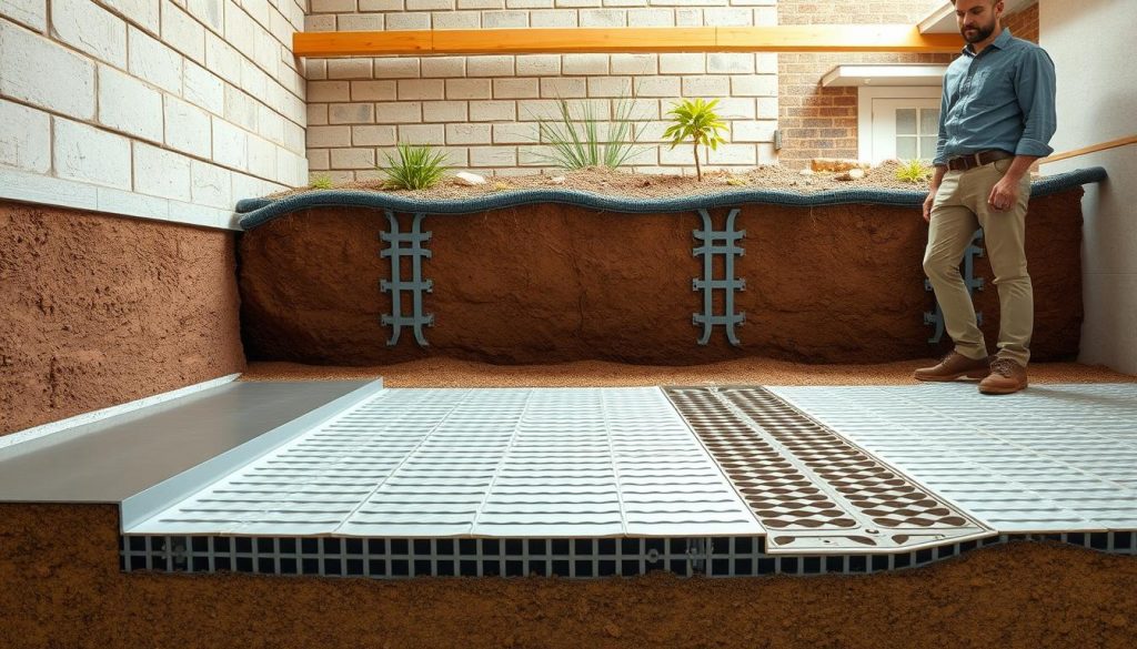 A detailed subfloor moisture control system depicted in a residential basement setting. In the foreground, showcase a cross-section of the subfloor, revealing moisture barriers and drainage tiles ensuring water management. The middle distance features a sturdy retaining wall, highlighting its structural integrity with damp-proof coatings. In the background, illustrate a typical Australian home foundation with exposed earth, showcasing water and moisture being effectively managed. Use soft, natural lighting to create a calm atmosphere, emphasizing the importance of safe construction practices. The scene captures a professional inspector in modest casual clothing, examining the moisture control systems, conveying a sense of diligence and compliance. The angle should be slightly elevated to provide a comprehensive view of the environment.