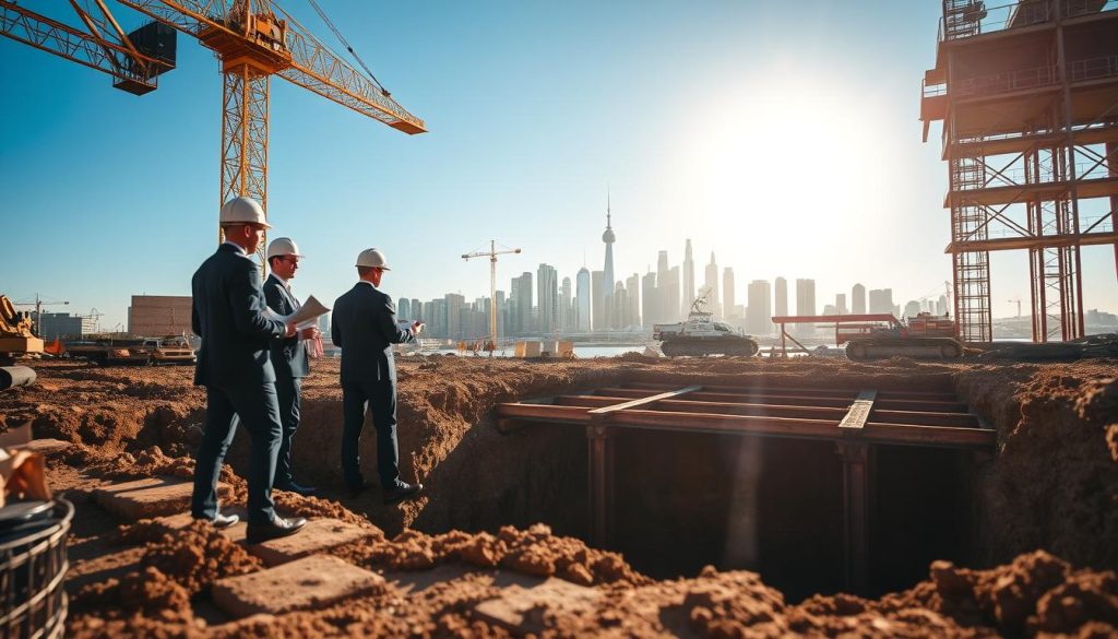 A detailed view of a construction site, focusing on structural integrity during foundation underpinning. In the foreground, a team of professional engineers in business attire examines plans and monitors machinery. The middle ground shows a partially excavated foundation, with reinforced steel beams and support structures visibly integrated, symbolizing safety and compliance. In the background, a city skyline of Sydney under a clear blue sky highlights progress. Soft, diffused sunlight filters through, creating a warm and optimistic atmosphere. The shot is taken with a slight low angle to emphasize the towering buildings and the importance of sturdy construction practices. A detailed view of a construction site, focusing on structural integrity during foundation underpinning. In the foreground, a team of professional engineers in business attire examines plans and monitors machinery. The middle ground shows a partially excavated foundation, with reinforced steel beams and support structures visibly integrated, symbolizing safety and compliance. In the background, a city skyline of Sydney under a clear blue sky highlights progress. Soft, diffused sunlight filters through, creating a warm and optimistic atmosphere. The shot is taken with a slight low angle to emphasize the towering buildings and the importance of sturdy construction practices.