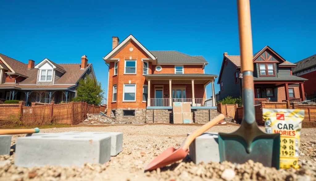 A detailed view of a recently underpinned house, showcasing the foundation work. In the foreground, there are several construction tools and materials, such as concrete blocks and shovels, indicating ongoing foundation renovations. The middle ground features the house with exposed footings, highlighting the underpinning process where the foundation has been reinforced. The architectural style is a charming Victorian home, with a classic brick facade and traditional windows, slightly weathered to suggest age. In the background, a clear blue sky contrasts with the warm tones of the house, evoking a sense of stability and security. Soft, natural lighting enhances the colors and textures, creating a realistic ambiance. The atmosphere is calm and professional, perfect for illustrating the important considerations when buying an underpinned home.