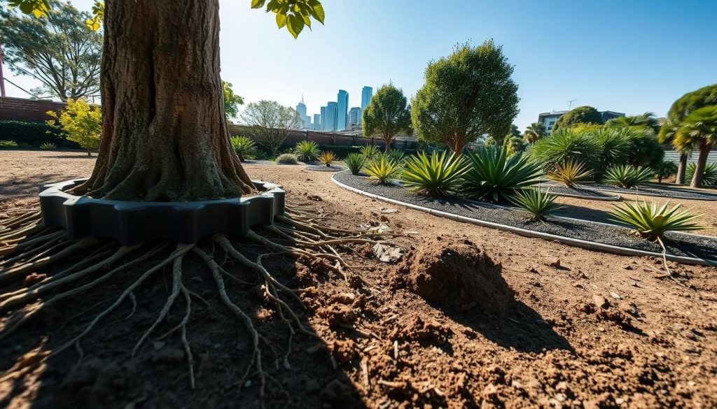 A detailed view of a root barrier installation site in Sydney, showcasing a robust, vertical root barrier made of durable polymer material embedded in rich soil. In the foreground, include a close-up of the barrier, with roots of nearby trees visibly diverted and contained by the barrier. In the middle ground, depict a well-manicured garden area, highlighting the contrast between the roots and the barrier, with native Australian plants surrounding the site. In the background, illustrate a clear Sydney skyline under a bright, sunny sky, casting soft shadows on the ground. Use natural lighting to emphasize texture and depth, and capture the scene from a slight low-angle perspective to convey the significance of the installation. The mood should be professional and informative, reflecting the importance of proper landscaping solutions.