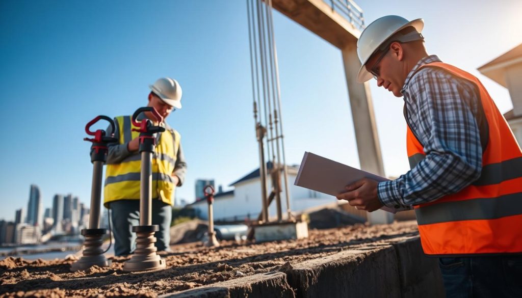 A detailed view of a structural engineer examining a residential foundation in Sydney. In the foreground, the engineer, wearing a hard hat and safety vest, inspects visible cracks on the foundation walls while holding a clipboard. In the middle ground, construction equipment like hydraulic jacks and underpinning piers are prominently displayed, emphasizing the process of stabilisation. The background features a clear blue sky and Sydney’s skyline, capturing the essence of the urban setting. Warm sunlight casts soft shadows, creating a professional yet inviting atmosphere. The lens captures a slight depth of field, focusing on the engineer and equipment while blurring the distant skyline, highlighting the importance of foundational integrity and remedial processes in construction.