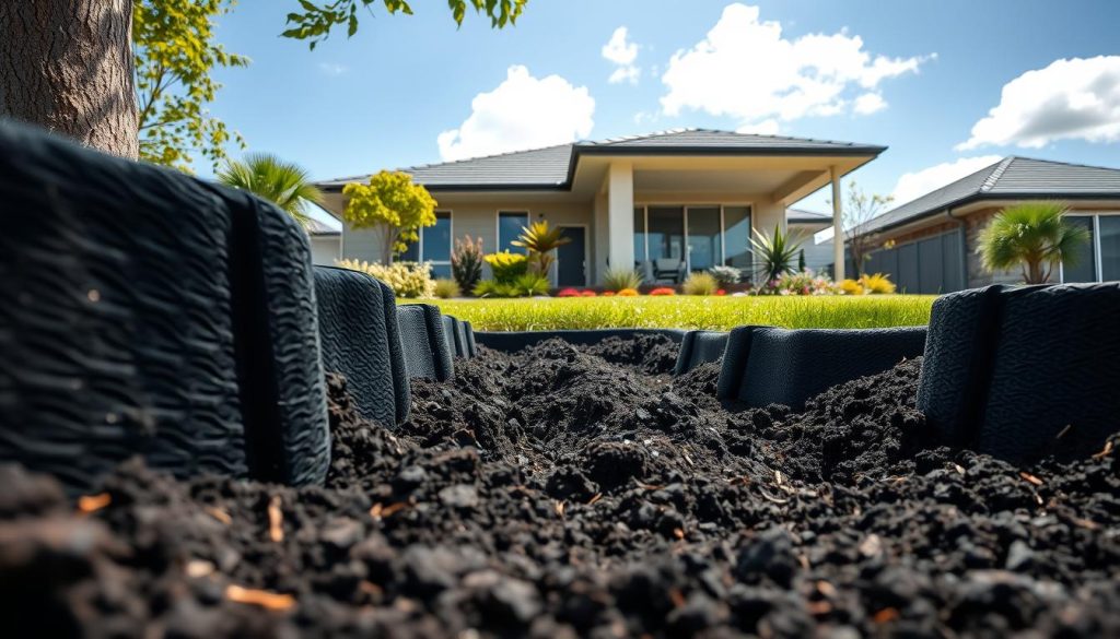 A detailed view of engineered root barriers installed in a suburban landscape. In the foreground, showcase sturdy, dark, textured plastic barriers set deep within rich, dark soil, preventing the roots of nearby trees from infiltrating the property. In the middle, a well-maintained garden with vibrant plants, shrubs, and a clearly defined boundary created by these barriers. In the background, a clean and modern Australian home under bright, natural daylight with blue skies and a few fluffy clouds. Capture the scene from a low angle to emphasize the height of the barriers against the house, creating a sense of depth. The mood is peaceful and protective, highlighting the importance of safeguarding infrastructure.
