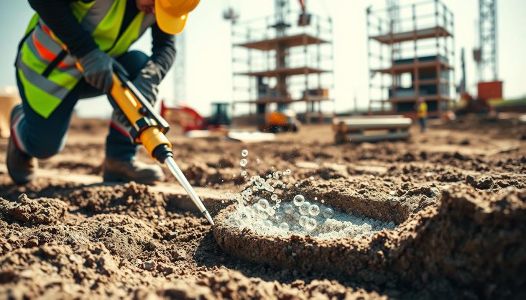 A dynamic construction scene showcasing polyurethane resin injection for ground strengthening. In the foreground, a professional technician in safety gear, such as a hard hat and reflective vest, is carefully injecting resin into the ground using specialized equipment. The middle of the image features a freshly injected section of soil expanding and solidifying, with visible bubbles indicating the resin's activation. In the background, a construction site with machinery and scaffolding can be seen under bright, natural daylight, creating a sense of an active work environment. The focus is sharp on the technician and the resin application while the background is slightly blurred to emphasize the process. Overall, capture a mood of innovation and professionalism in structural engineering. A dynamic construction scene showcasing polyurethane resin injection for ground strengthening. In the foreground, a professional technician in safety gear, such as a hard hat and reflective vest, is carefully injecting resin into the ground using specialized equipment. The middle of the image features a freshly injected section of soil expanding and solidifying, with visible bubbles indicating the resin's activation. In the background, a construction site with machinery and scaffolding can be seen under bright, natural daylight, creating a sense of an active work environment. The focus is sharp on the technician and the resin application while the background is slightly blurred to emphasize the process. Overall, capture a mood of innovation and professionalism in structural engineering.
