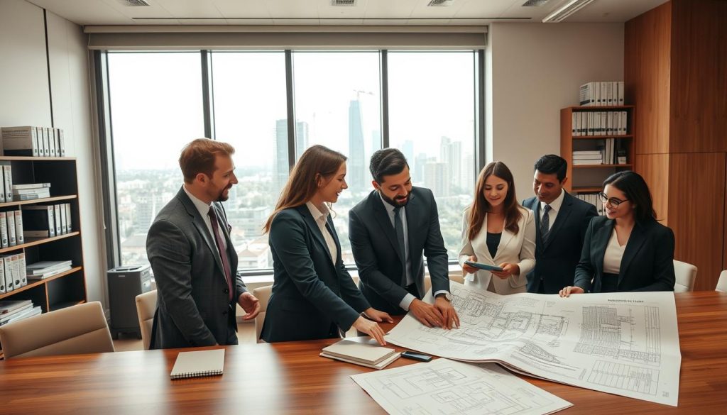 A modern office environment with a conference table in the foreground, featuring diverse professionals in smart business attire engaged in a discussion over a large set of architectural blueprints and approval documents. In the middle ground, a large window shows a view of Sydney's skyline with construction sites visible, symbolizing growth and development. In the background, shelves display regulatory books and compliance guides, emphasizing the importance of approvals. Soft, natural lighting floods the room, creating a warm and focused atmosphere, while a slightly elevated angle captures the collaborative spirit of the team. The image should exude professionalism and the necessity of collaboration in navigating the approval process for building projects. A modern office environment with a conference table in the foreground, featuring diverse professionals in smart business attire engaged in a discussion over a large set of architectural blueprints and approval documents. In the middle ground, a large window shows a view of Sydney's skyline with construction sites visible, symbolizing growth and development. In the background, shelves display regulatory books and compliance guides, emphasizing the importance of approvals. Soft, natural lighting floods the room, creating a warm and focused atmosphere, while a slightly elevated angle captures the collaborative spirit of the team. The image should exude professionalism and the necessity of collaboration in navigating the approval process for building projects.