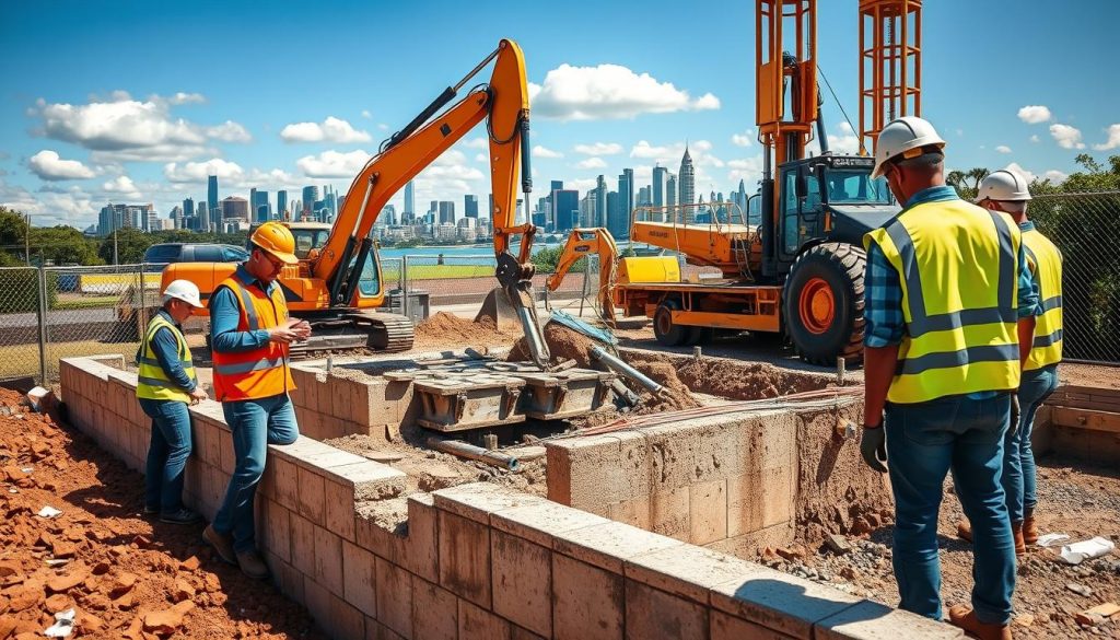 A professional construction site showcasing the process of retaining wall underpinning in Sydney. In the foreground, a team of skilled workers in safety helmets and high-visibility vests is carefully inspecting a partially dismantled retaining wall, exposing its foundation. The middle ground features heavy machinery, such as hydraulic jacks and earth-moving equipment, actively engaged in the underpinning process. The background displays a picturesque Sydney skyline with clear blue skies and a few fluffy clouds. Warm, natural lighting highlights the scene, creating a sense of productivity and expertise. The atmosphere feels industrious yet organized, embodying professionalism and craftsmanship in civil engineering. A professional construction site showcasing the process of retaining wall underpinning in Sydney. In the foreground, a team of skilled workers in safety helmets and high-visibility vests is carefully inspecting a partially dismantled retaining wall, exposing its foundation. The middle ground features heavy machinery, such as hydraulic jacks and earth-moving equipment, actively engaged in the underpinning process. The background displays a picturesque Sydney skyline with clear blue skies and a few fluffy clouds. Warm, natural lighting highlights the scene, creating a sense of productivity and expertise. The atmosphere feels industrious yet organized, embodying professionalism and craftsmanship in civil engineering.