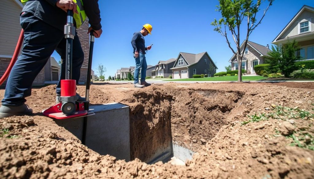 A professional scene depicting underpinning services for foundation repair. In the foreground, skilled workers in professional attire are using hydraulic jacks to lift a section of a home’s foundation, ensuring precision and compliance with building regulations. The middle ground showcases a partially excavated trench filled with concrete and steel reinforcements, emphasizing structural integrity. In the background, a clear blue sky contrasts with a well-maintained residential neighborhood, highlighting the importance of safe foundations. Soft, natural sunlight illuminates the scene, casting gentle shadows and creating a serene, organized atmosphere. The image should evoke trust and professionalism, showcasing the expertise in structural solutions while maintaining a clear focus on the underpinning process. A professional scene depicting underpinning services for foundation repair. In the foreground, skilled workers in professional attire are using hydraulic jacks to lift a section of a home’s foundation, ensuring precision and compliance with building regulations. The middle ground showcases a partially excavated trench filled with concrete and steel reinforcements, emphasizing structural integrity. In the background, a clear blue sky contrasts with a well-maintained residential neighborhood, highlighting the importance of safe foundations. Soft, natural sunlight illuminates the scene, casting gentle shadows and creating a serene, organized atmosphere. The image should evoke trust and professionalism, showcasing the expertise in structural solutions while maintaining a clear focus on the underpinning process.