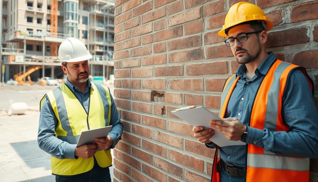 A professional site inspection in an urban setting, showcasing a structural engineer examining a wall crack. In the foreground, the engineer is wearing a hard hat and safety vest, actively documenting notes on a clipboard. The middle ground features a brick wall with visible cracks, showcasing signs of wear and structural integrity issues. In the background, a construction site with machinery and scaffolding conveys an active work environment. The scene is illuminated by natural daylight, casting soft shadows that enhance the details of the wall and the engineer's focused expression. The mood is serious and professional, emphasizing the importance of thorough assessments in structural preservation. The angle captures a slightly low perspective, accentuating the wall's prominence and the engineer's dedication to their work. A professional site inspection in an urban setting, showcasing a structural engineer examining a wall crack. In the foreground, the engineer is wearing a hard hat and safety vest, actively documenting notes on a clipboard. The middle ground features a brick wall with visible cracks, showcasing signs of wear and structural integrity issues. In the background, a construction site with machinery and scaffolding conveys an active work environment. The scene is illuminated by natural daylight, casting soft shadows that enhance the details of the wall and the engineer's focused expression. The mood is serious and professional, emphasizing the importance of thorough assessments in structural preservation. The angle captures a slightly low perspective, accentuating the wall's prominence and the engineer's dedication to their work.