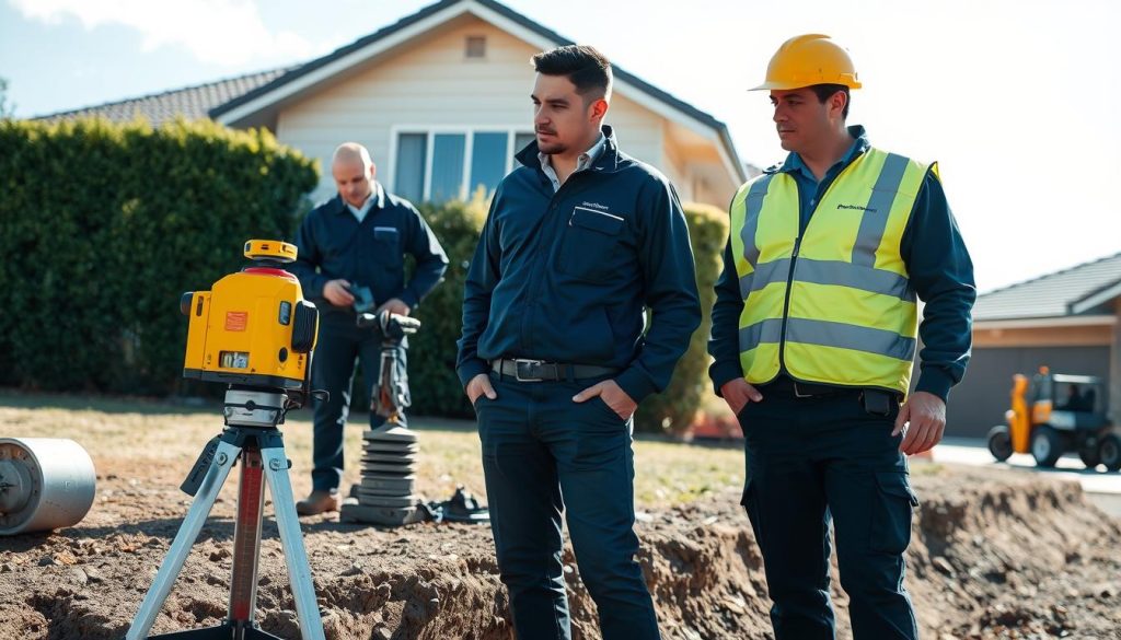 A professional team of foundation repair specialists wearing smart uniforms is inspecting a residential property's foundation in the Sydney Eastern Suburbs. In the foreground, one technician uses a laser level while another discusses findings, both focused and engaged. The middle ground features machinery like a hydraulic jacking system, showcasing the technology used for underpinning. The background shows a well-maintained home with a clear blue sky, symbolizing reliability and safety. Soft natural light illuminates the scene, creating a bright and inviting atmosphere. The image captures a sense of professionalism, trustworthiness, and compliance, reflecting licensed and insured foundation services. A professional team of foundation repair specialists wearing smart uniforms is inspecting a residential property's foundation in the Sydney Eastern Suburbs. In the foreground, one technician uses a laser level while another discusses findings, both focused and engaged. The middle ground features machinery like a hydraulic jacking system, showcasing the technology used for underpinning. The background shows a well-maintained home with a clear blue sky, symbolizing reliability and safety. Soft natural light illuminates the scene, creating a bright and inviting atmosphere. The image captures a sense of professionalism, trustworthiness, and compliance, reflecting licensed and insured foundation services.