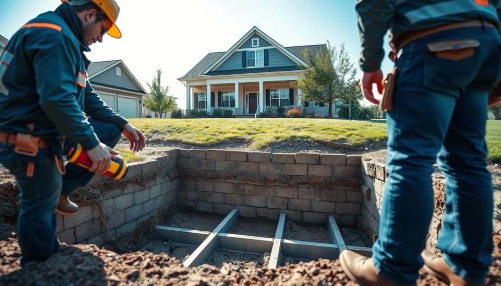 A professional team of foundation repair specialists working on a residential property, set in a suburban context. In the foreground, two technicians in safety helmets and professional work attire examine a sturdy concrete foundation. Tools like a laser level and measuring tape are visible. The middle ground features the foundation area showing exposed soil and reinforcing beams, with a detailed view of the underpinning process in action. In the background, a well-maintained home stands under a bright, clear blue sky, suggesting a sunny day. The atmosphere conveys professionalism and reliability, with soft natural lighting enhancing the scene. The angle is slightly elevated, capturing both the team and the foundation work they are performing, emphasizing their expertise in traditional concrete underpinning. A professional team of foundation repair specialists working on a residential property, set in a suburban context. In the foreground, two technicians in safety helmets and professional work attire examine a sturdy concrete foundation. Tools like a laser level and measuring tape are visible. The middle ground features the foundation area showing exposed soil and reinforcing beams, with a detailed view of the underpinning process in action. In the background, a well-maintained home stands under a bright, clear blue sky, suggesting a sunny day. The atmosphere conveys professionalism and reliability, with soft natural lighting enhancing the scene. The angle is slightly elevated, capturing both the team and the foundation work they are performing, emphasizing their expertise in traditional concrete underpinning.