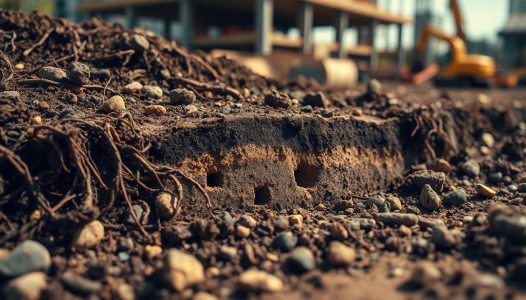 A rich, detailed close-up image of various soil layers showcasing their textures and colors, including dark brown topsoil, light brown subsoil, and clay. In the foreground, small stones and roots intertwine with the soil, highlighting its organic composition. In the middle ground, a cross-section demonstrates voids and pockets indicating areas of instability, subtly reflecting common issues in Sydney soils. The background features a blurred outline of a construction site with machinery, symbolizing urban development. The lighting is soft and natural, creating an earthy and grounded atmosphere, with warm tones that evoke a sense of resilience in the face of challenges. The angle is slightly tilted, providing a dynamic view of the soil layers while maintaining focus on the textures. A rich, detailed close-up image of various soil layers showcasing their textures and colors, including dark brown topsoil, light brown subsoil, and clay. In the foreground, small stones and roots intertwine with the soil, highlighting its organic composition. In the middle ground, a cross-section demonstrates voids and pockets indicating areas of instability, subtly reflecting common issues in Sydney soils. The background features a blurred outline of a construction site with machinery, symbolizing urban development. The lighting is soft and natural, creating an earthy and grounded atmosphere, with warm tones that evoke a sense of resilience in the face of challenges. The angle is slightly tilted, providing a dynamic view of the soil layers while maintaining focus on the textures.