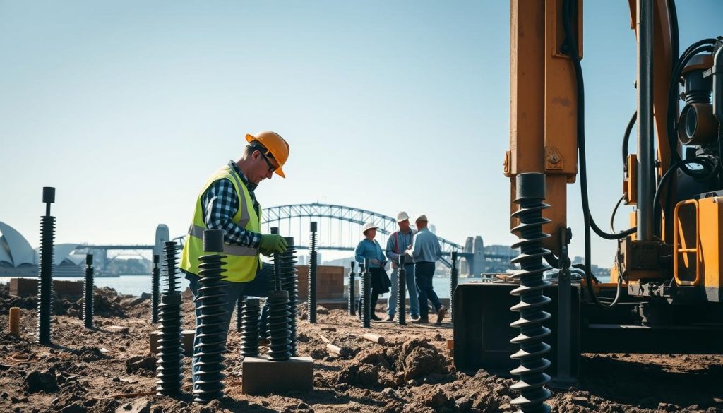 A scene depicting a team of professional screw piling contractors at work in Sydney, focusing on their specialized equipment. In the foreground, a contractor in a hard hat and safety vest examines screw piles, while another operates a hydraulic screw piling machine, expertly anchoring the piles into the ground. The middle ground showcases partially erected foundations, with workers engaged in discussions. The background features Sydney’s skyline, with the famous Sydney Opera House and Harbour Bridge visible under a clear blue sky. The lighting is bright and natural, emphasising the precision of the work. The atmosphere is industrious and focused, reflecting a professional environment.