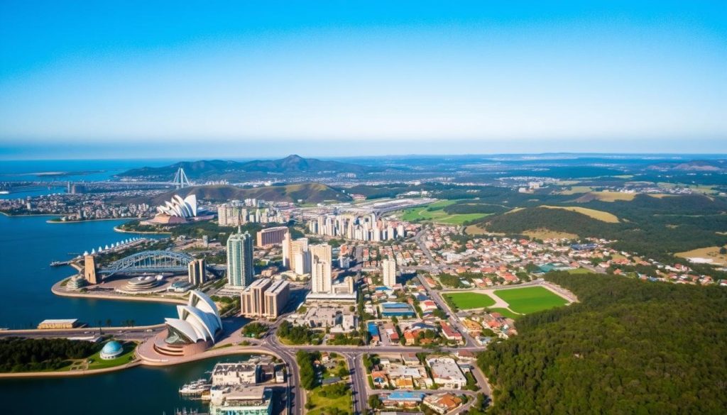 A scenic aerial view of service areas in New South Wales, showcasing diverse landscapes including urban centers, coastal regions, and rural areas, expressed through a harmonious blend of nature and infrastructure. In the foreground, prominent landmarks of Sydney visible, such as the Sydney Opera House and Harbour Bridge, suggesting a bustling city. The middle ground features various residential and commercial buildings, while the background includes rolling hills and lush greenery, depicting the expansive support areas available. The sky is clear with soft, natural lighting, evoking a sense of professionalism and reliability. The atmosphere is vibrant yet calm, perfect for an article about structural integrity inspection services. No human subjects present; focus is solely on the landscapes.