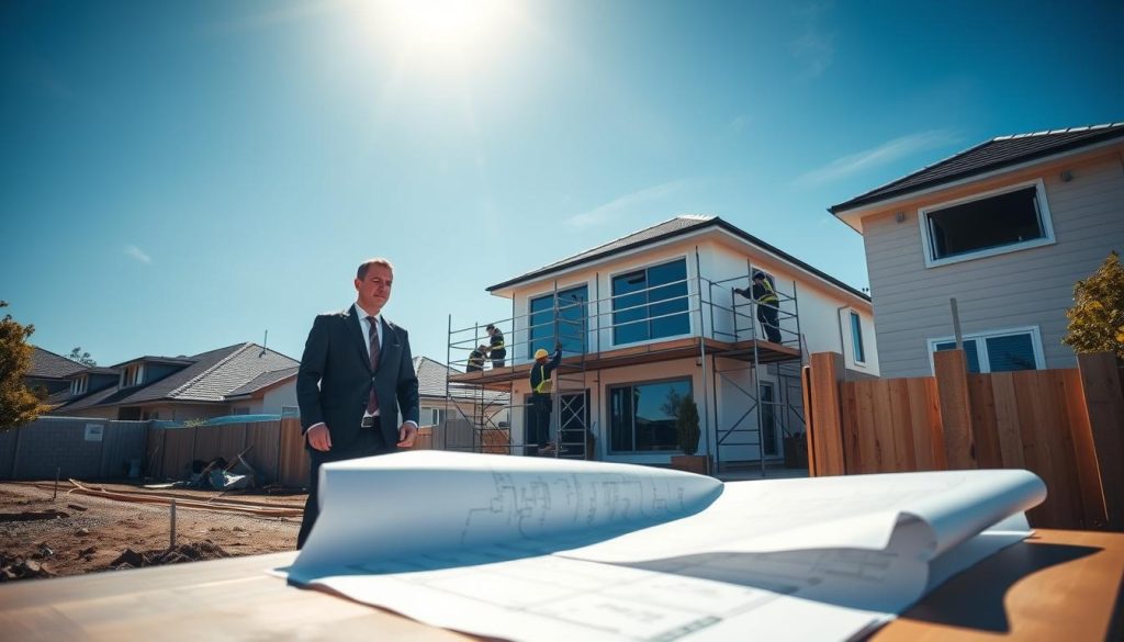 A serene construction site scene capturing a step-by-step process for a second storey extension in a suburban Sydney neighborhood. In the foreground, a professional contractor in business attire is demonstrating planning with blueprints on a table. The middle ground showcases a team of workers carefully installing supports and scaffolding around a modern home. The background reveals a clear blue sky with soft sunlight filtering through, creating a warm and inviting atmosphere. Light shadows fall on the ground, emphasizing the meticulous work being performed. The angle is slightly elevated, providing a clear view of the entire scene while maintaining focus on the teamwork and calm organization essential for a low-disruption construction process. A serene construction site scene capturing a step-by-step process for a second storey extension in a suburban Sydney neighborhood. In the foreground, a professional contractor in business attire is demonstrating planning with blueprints on a table. The middle ground showcases a team of workers carefully installing supports and scaffolding around a modern home. The background reveals a clear blue sky with soft sunlight filtering through, creating a warm and inviting atmosphere. Light shadows fall on the ground, emphasizing the meticulous work being performed. The angle is slightly elevated, providing a clear view of the entire scene while maintaining focus on the teamwork and calm organization essential for a low-disruption construction process.