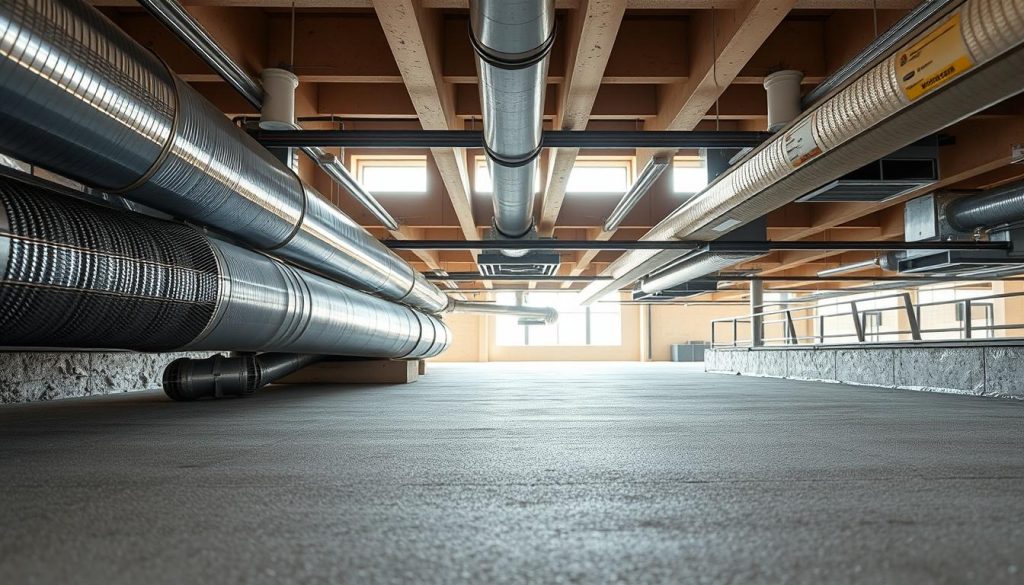 A serene image of an underfloor ventilation system in a modern building, showcasing engineered ducts and vents seamlessly integrated with the floor structure. In the foreground, detail the metallic air ducts with an emphasis on moisture control features, glistening under soft, natural lighting. The middle ground should highlight the combination of insulation materials and a sturdy foundation, illustrating structural integrity. In the background, a subtle hint of a well-maintained subfloor area, with light streaming in from vents, creating an atmosphere of safety and protection. Use a wide-angle lens to capture the entire setup, ensuring a clean, organized look that conveys professionalism and innovative engineering solutions. A serene image of an underfloor ventilation system in a modern building, showcasing engineered ducts and vents seamlessly integrated with the floor structure. In the foreground, detail the metallic air ducts with an emphasis on moisture control features, glistening under soft, natural lighting. The middle ground should highlight the combination of insulation materials and a sturdy foundation, illustrating structural integrity. In the background, a subtle hint of a well-maintained subfloor area, with light streaming in from vents, creating an atmosphere of safety and protection. Use a wide-angle lens to capture the entire setup, ensuring a clean, organized look that conveys professionalism and innovative engineering solutions.