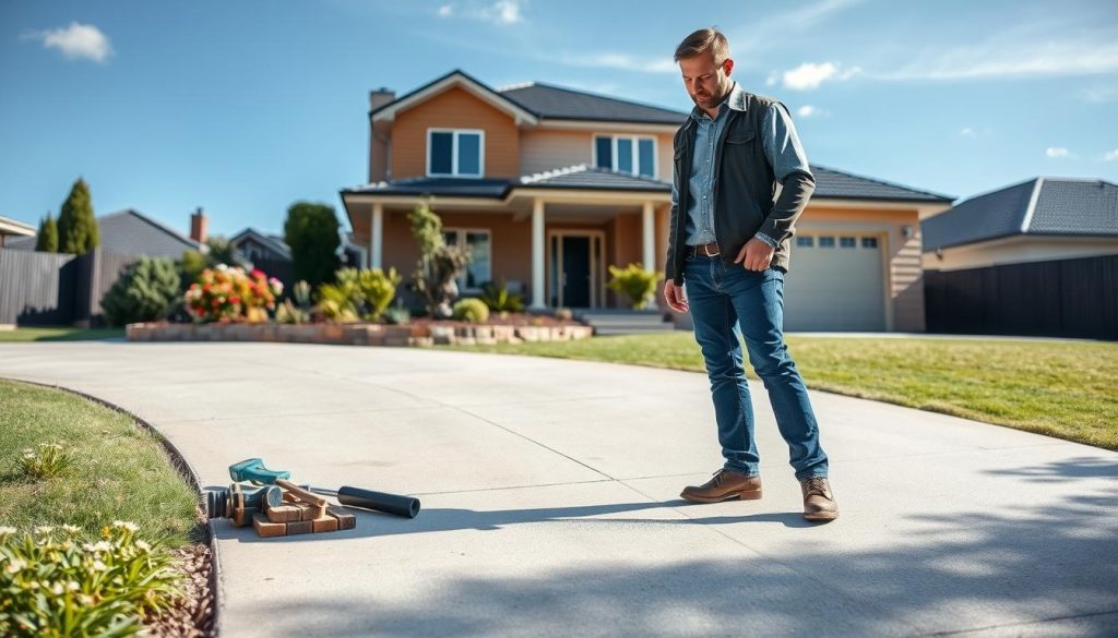 A serene suburban scene in Sydney showcasing a recently repaired sinking driveway. In the foreground, a professional contractor in smart casual attire examines the smooth, freshly leveled concrete driveway, tools neatly arranged beside him. The middle ground features a partially landscaped garden with blooming flowers and shrubs, adding a touch of color and life. In the background, a classic Australian home with a warm, inviting facade stands, framed by clear blue skies and a few wispy clouds. The lighting is bright and natural, emphasizing the quality of the repair work. The overall atmosphere is one of professionalism, showcasing the expertise and care involved in driveway repair services. A serene suburban scene in Sydney showcasing a recently repaired sinking driveway. In the foreground, a professional contractor in smart casual attire examines the smooth, freshly leveled concrete driveway, tools neatly arranged beside him. The middle ground features a partially landscaped garden with blooming flowers and shrubs, adding a touch of color and life. In the background, a classic Australian home with a warm, inviting facade stands, framed by clear blue skies and a few wispy clouds. The lighting is bright and natural, emphasizing the quality of the repair work. The overall atmosphere is one of professionalism, showcasing the expertise and care involved in driveway repair services.
