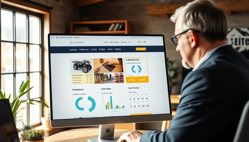 A sleek, modern costs quote website interface displayed on a computer screen, showcasing detailed charts and figures relevant to underpinning costs in Sydney. In the foreground, a professional middle-aged person in business attire is analyzing the information. The middle section features the website's vibrant layout with sections for quotes, compliance guidelines, and cost breakdowns, all illuminated by soft, natural daylight streaming through a nearby window. In the background, a rustic yet stylish office environment with wooden accents and plants creates a welcoming atmosphere. The lens captures the scene from a slight overhead angle, emphasizing clarity and professionalism, while maintaining a focus on the importance of transparency in residential construction costs.